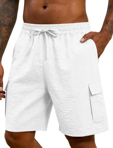 Lzzidou Mens Shorts Casual 8 Inch Summer Beach Elastic Waist Drawstring Cargo Trunks with Multiple Pockets in Saudi Arabia