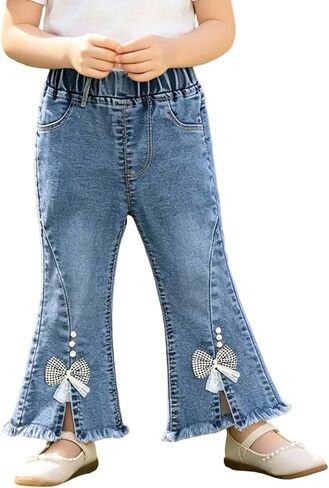 Gilrs Y2K Cute Flared Pants Elastic Waist Bell Bottom Front Slit Distressed Bow Decor Stylish Bootcut Pants 6M-5Y in Kuwait