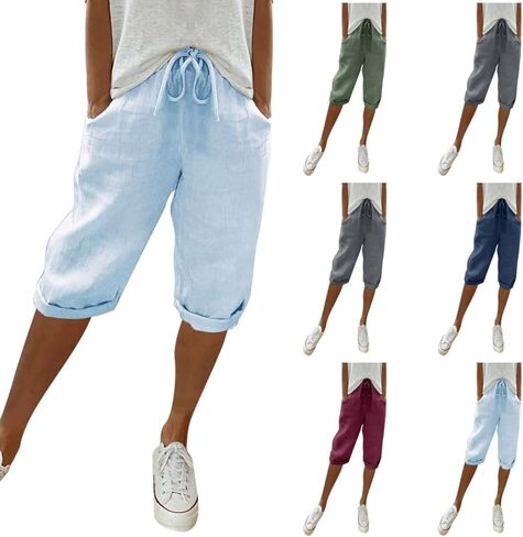Linen Capri Pants for Women Elastic Waist Summer Straight Leg Crop Pants Lightweight Rolled Hem Trousers with Pocket in Saudi Arabia