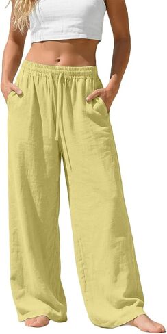 Linen Pants Women Wide Leg Summer Flowy Elastic Waist Casual Palazzo Trousers with Pockets Beach Travel Loose Pants in Saudi Arabia