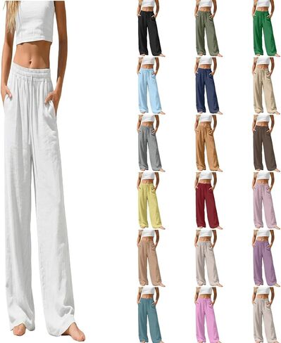 Linen Pants Women Wide Leg Summer Flowy Elastic Waist Casual Palazzo Trousers with Pockets Beach Travel Loose Pants in Saudi Arabia