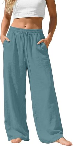 Linen Pants Women Wide Leg Summer Flowy Elastic Waist Casual Palazzo Trousers with Pockets Beach Travel Loose Pants in Saudi Arabia