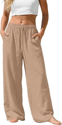 Linen Pants Women Wide Leg Summer Flowy Elastic Waist Casual Palazzo Trousers with Pockets Beach Travel Loose Pants in Saudi Arabia