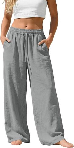 Linen Pants Women Wide Leg Summer Flowy Elastic Waist Casual Palazzo Trousers with Pockets Beach Travel Loose Pants in Saudi Arabia