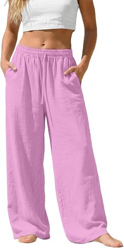 Linen Pants Women Wide Leg Summer Flowy Elastic Waist Casual Palazzo Trousers with Pockets Beach Travel Loose Pants in Saudi Arabia