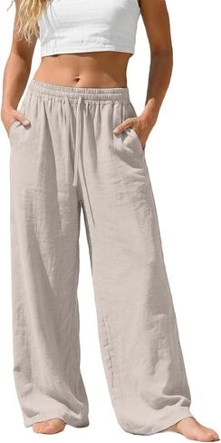 Linen Pants Women Wide Leg Summer Flowy Elastic Waist Casual Palazzo Trousers with Pockets Beach Travel Loose Pants in Saudi Arabia