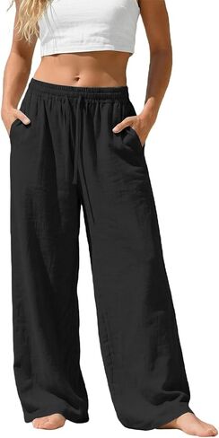 Linen Pants Women Wide Leg Summer Flowy Elastic Waist Casual Palazzo Trousers with Pockets Beach Travel Loose Pants in Saudi Arabia