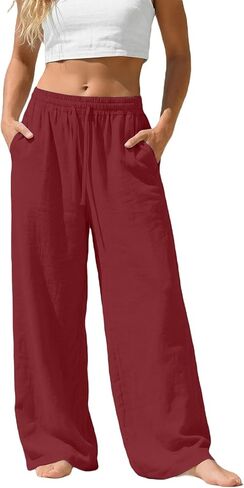 Linen Pants Women Wide Leg Summer Flowy Elastic Waist Casual Palazzo Trousers with Pockets Beach Travel Loose Pants in Saudi Arabia
