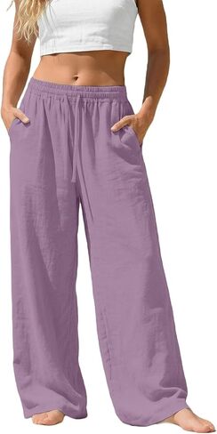 Linen Pants Women Wide Leg Summer Flowy Elastic Waist Casual Palazzo Trousers with Pockets Beach Travel Loose Pants in Saudi Arabia
