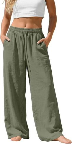 Linen Pants Women Wide Leg Summer Flowy Elastic Waist Casual Palazzo Trousers with Pockets Beach Travel Loose Pants in Saudi Arabia