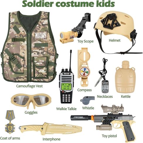 RedCrab Kids Army Costume, 12 Pcs Military Soldier Combat Dress Up Set for Aged 3-12 Toddlers, Camouflage War Accessories Halloween Role Play Costume for Children Boys in Kuwait