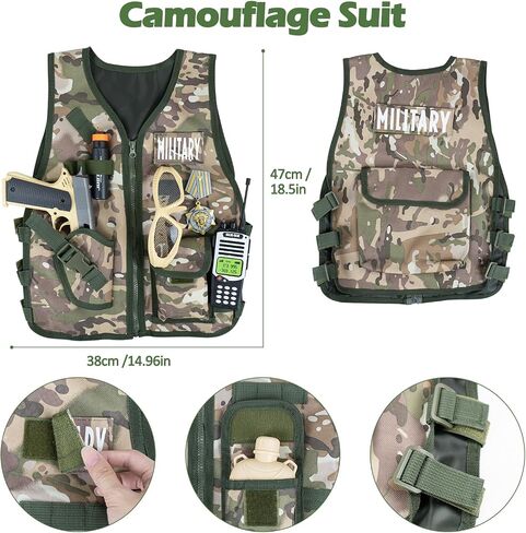 RedCrab Kids Army Costume, 12 Pcs Military Soldier Combat Dress Up Set for Aged 3-12 Toddlers, Camouflage War Accessories Halloween Role Play Costume for Children Boys in Kuwait
