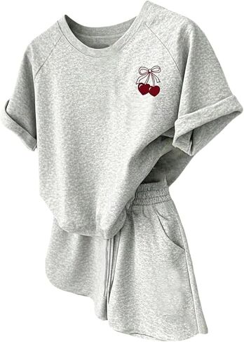 MakeMeChic Girl's 2 Piece Summer Outfits Cherry Print Short Sleeve T Shirt and Drawstring Shorts Casual Sets in Saudi Arabia