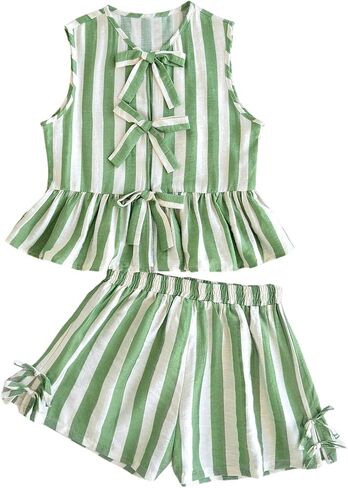 MakeMeChic Girl's 2 Piece Summer Outfits Striped Ruffle Bow Peplum Top and Mini Shorts Vacation Travel Sets in Kuwait