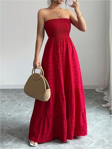 SHENHE Women's Strapless Tube Top Maxi Dress Smocked A Line Tiered Ruffle Flowy Party Dress in Saudi Arabia