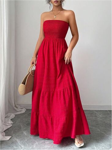 SHENHE Women's Strapless Tube Top Maxi Dress Smocked A Line Tiered Ruffle Flowy Party Dress in Saudi Arabia