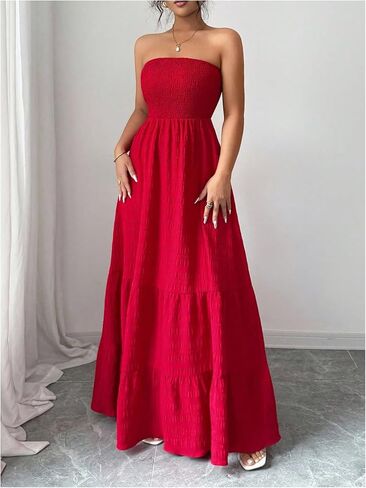 SHENHE Women's Strapless Tube Top Maxi Dress Smocked A Line Tiered Ruffle Flowy Party Dress in Saudi Arabia