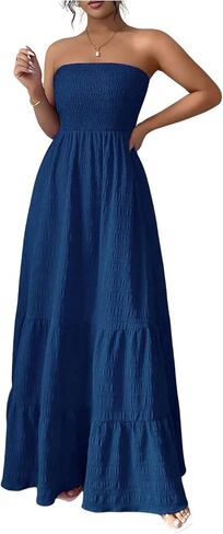 SHENHE Women's Strapless Tube Top Maxi Dress Smocked A Line Tiered Ruffle Flowy Party Dress in Saudi Arabia