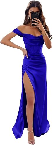 Women's Satin Prom Dress with Slit Off The Shoulder Mermaid Corset Evening Formal Party Gowns in Saudi Arabia