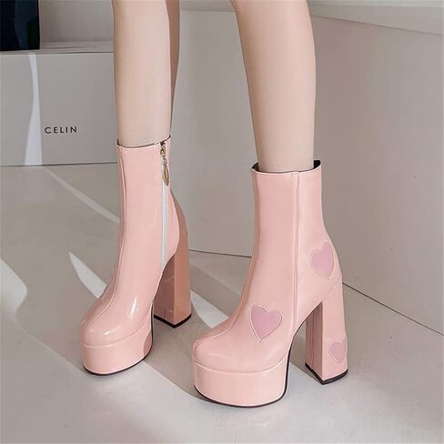 MFairy Womens Fashion Patent Leather Ankle Boots Platform Chunky High Heel Cute Boots in Kuwait