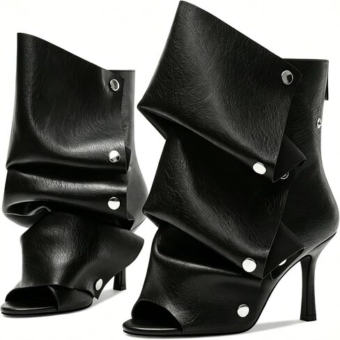 3.1IN Open Toe Booties for Women Fold Over Stiletto High Heels Matte Faux Leather Back Zipper Shark Ankle Boots with Detachable Snap-Off Panel for Party Wedding Rave in Saudi Arabia