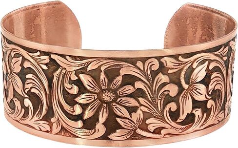 Urbanrose Solid Copper Cuff Bracelet for Women | Embossed Floral Design, Adjustable, Hand Antiqued and Polished, Made in the USA in Saudi Arabia
