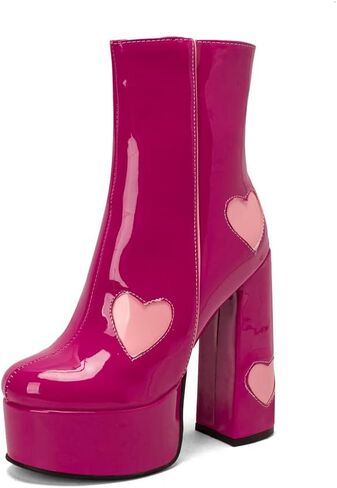 MFairy Womens Fashion Patent Leather Ankle Boots Platform Chunky High Heel Cute Boots in Kuwait