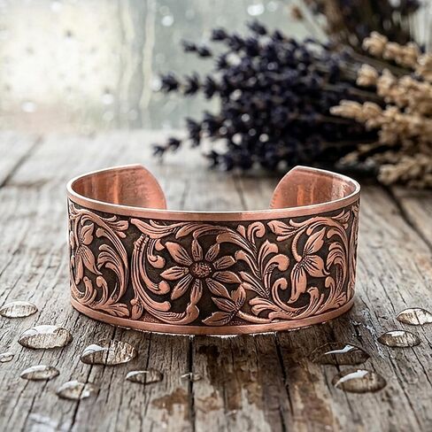 Urbanrose Solid Copper Cuff Bracelet for Women | Embossed Floral Design, Adjustable, Hand Antiqued and Polished, Made in the USA in Saudi Arabia