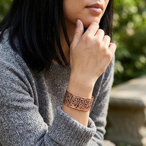 Urbanrose Solid Copper Cuff Bracelet for Women | Embossed Floral Design, Adjustable, Hand Antiqued and Polished, Made in the USA in Saudi Arabia