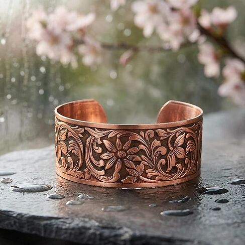 Urbanrose Solid Copper Cuff Bracelet for Women | Embossed Floral Design, Adjustable, Hand Antiqued and Polished, Made in the USA in Saudi Arabia