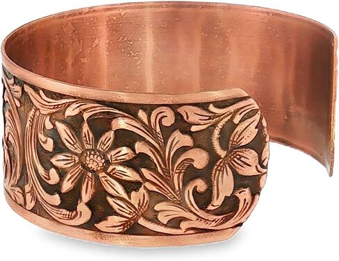 Urbanrose Solid Copper Cuff Bracelet for Women | Embossed Floral Design, Adjustable, Hand Antiqued and Polished, Made in the USA in Saudi Arabia