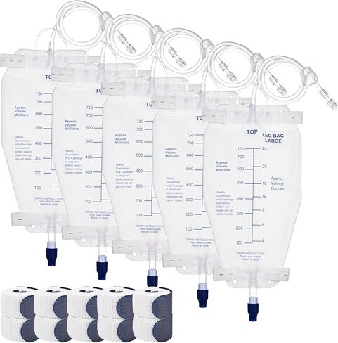 750ml Nephrostomy Bags, 3 Pack Urine Drainage Bag, Clear Bags with 24" Silicone Tube, Twist Drain Valve, with 6 Pcs Soft Adjustable Leg Bag Straps for Secure Fit in Saudi Arabia