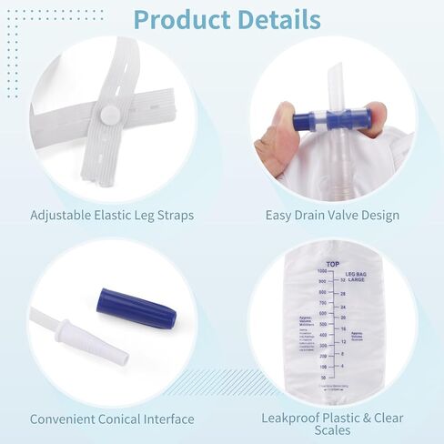 5 PCS Catheter Bags for Men, 1000 ml/33.8oz Foley Catheter Leg Bags, Urine Bags for Easy Flip Drain Design, Portable Disposable Urine Collectors, Adjustable Strap & 11.8" Tube, Mobility & Daily Care in Kuwait