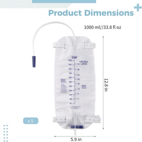 5 PCS Catheter Bags for Men, 1000 ml/33.8oz Foley Catheter Leg Bags, Urine Bags for Easy Flip Drain Design, Portable Disposable Urine Collectors, Adjustable Strap & 11.8" Tube, Mobility & Daily Care in Kuwait