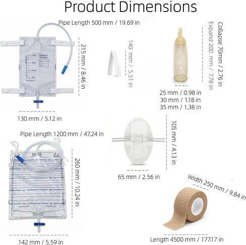 External Condom Catheters for Men (14pcs 25mm),2×750ml Anti-Reflux Leg Bags & 2×2000ml Overnight Urine Bags,Male External Urinary Catheter System for Incontinence,Wearable Kit with Adhesives & Bandage in Kuwait