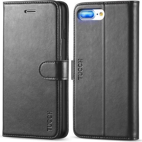 TUCCH Wallet Case for iPhone 8 Plus iPhone 7 Plus Case, PU Leather Flip Cover with Card Slot Stand Holder, Magnetic Closure Shockproof TPU Interior Case Compatible with iPhone 7 Plus/8 Plus, Black in Kuwait