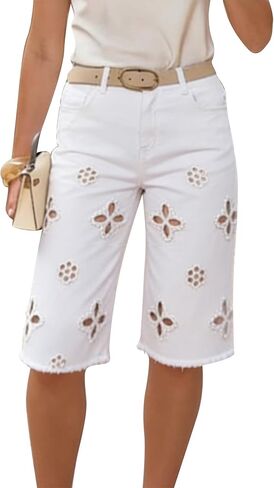 Tcremisa Womens Bermuda Jean Shorts Stretch High Waisted Straight Leg Pearl Hollow Out Frayed Raw Hem Denim Shorts in Saudi Arabia