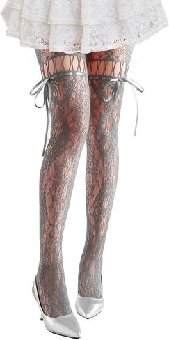 Women's Sweet Lace Bow Tights - Floral Lace Pattern Stockings for Lolita Gothic & Daily Wear Pantyhose in Saudi Arabia
