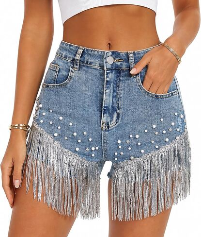 Womens Denim Shorts Fringe Rhinestone Pearl Beaded Stretchy Comfort Summer Jean Shorts Fashion in Saudi Arabia