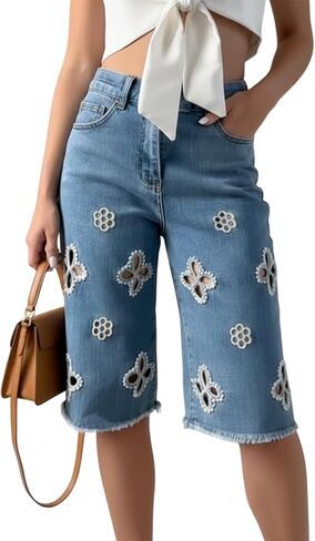Tcremisa Womens Bermuda Jean Shorts Stretch High Waisted Straight Leg Pearl Hollow Out Frayed Raw Hem Denim Shorts in Saudi Arabia
