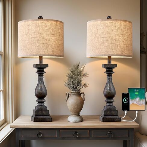 BOBOMOMO 27" Farmhouse Black Table Lamp Set of 2 with USB A+C for Bedroom Living Room Vintage Rustic Traditional Nightstand Bedside Lamps Retro Side Table Lamps (Blubs not Included) in Kuwait