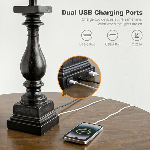 BOBOMOMO 27" Farmhouse Black Table Lamp Set of 2 with USB A+C for Bedroom Living Room Vintage Rustic Traditional Nightstand Bedside Lamps Retro Side Table Lamps (Blubs not Included) in Kuwait