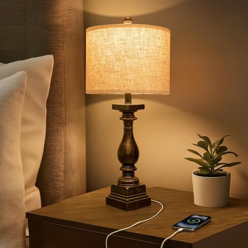 BOBOMOMO 27" Farmhouse Black Table Lamp Set of 2 with USB A+C for Bedroom Living Room Vintage Rustic Traditional Nightstand Bedside Lamps Retro Side Table Lamps (Blubs not Included) in Kuwait