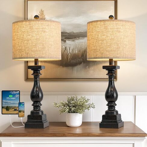 BOBOMOMO 27" Farmhouse Black Table Lamp Set of 2 with USB A+C for Bedroom Living Room Vintage Rustic Traditional Nightstand Bedside Lamps Retro Side Table Lamps (Blubs not Included) in Kuwait