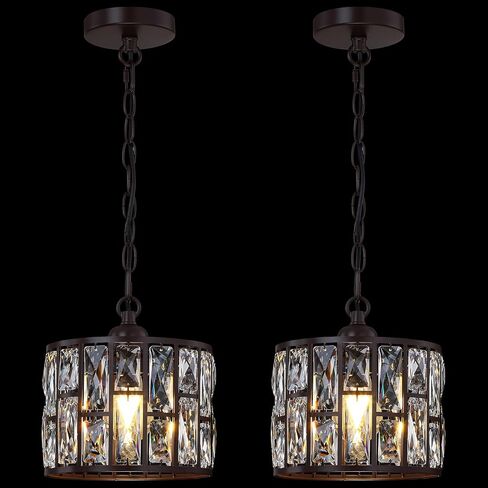 2 Pack 1 Light Hanging Kitchen Island Modern Concise 8.3" Crystal Pendant Ceiling Light Fixture Oil Rubbed Bronze Finish with Crystal Plate Metal Shade for Bar,Dining Room Corridor,Living Room in Kuwait