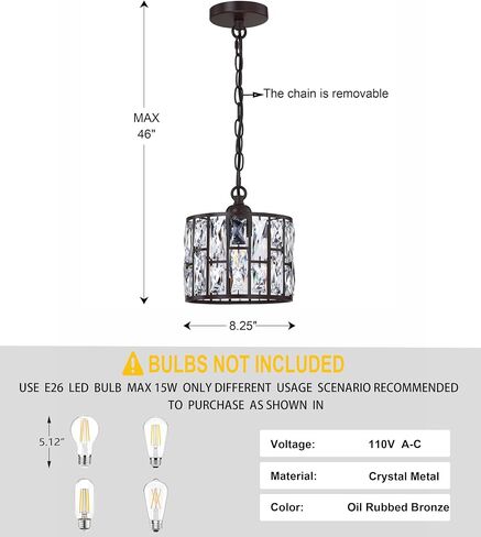 2 Pack 1 Light Hanging Kitchen Island Modern Concise 8.3" Crystal Pendant Ceiling Light Fixture Oil Rubbed Bronze Finish with Crystal Plate Metal Shade for Bar,Dining Room Corridor,Living Room in Kuwait