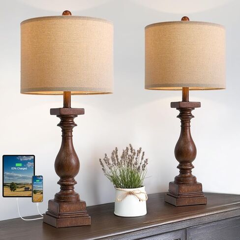 BOBOMOMO 27" Farmhouse Black Table Lamp Set of 2 with USB A+C for Bedroom Living Room Vintage Rustic Traditional Nightstand Bedside Lamps Retro Side Table Lamps (Blubs not Included) in Kuwait