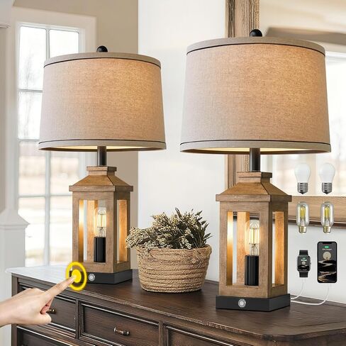 BOBOMOMO 27" Farmhouse Black Table Lamp Set of 2 with USB A+C for Bedroom Living Room Vintage Rustic Traditional Nightstand Bedside Lamps Retro Side Table Lamps (Blubs not Included) in Kuwait