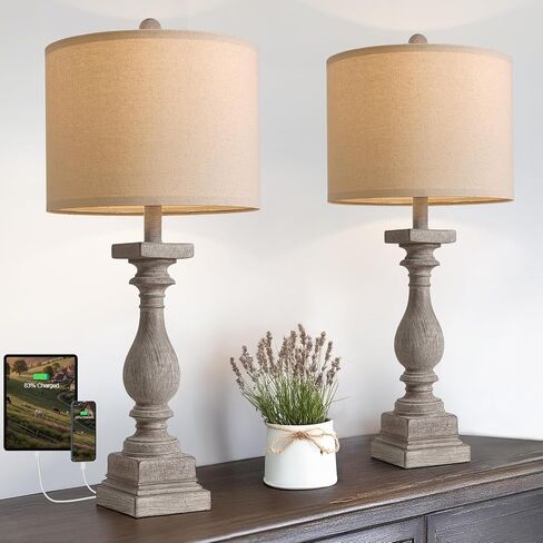 BOBOMOMO 27" Farmhouse Black Table Lamp Set of 2 with USB A+C for Bedroom Living Room Vintage Rustic Traditional Nightstand Bedside Lamps Retro Side Table Lamps (Blubs not Included) in Kuwait