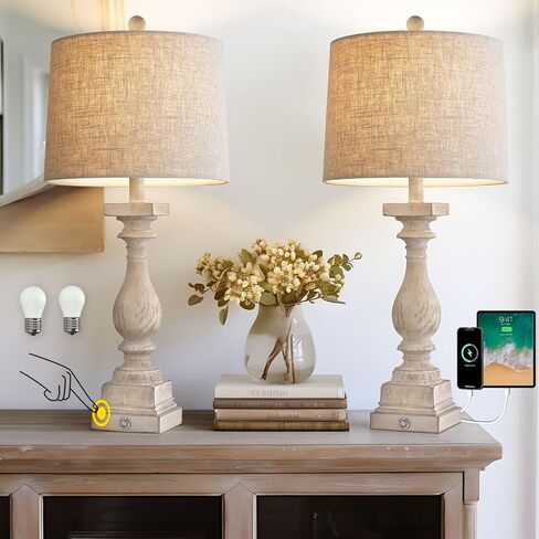 BOBOMOMO 27" Farmhouse Black Table Lamp Set of 2 with USB A+C for Bedroom Living Room Vintage Rustic Traditional Nightstand Bedside Lamps Retro Side Table Lamps (Blubs not Included) in Kuwait